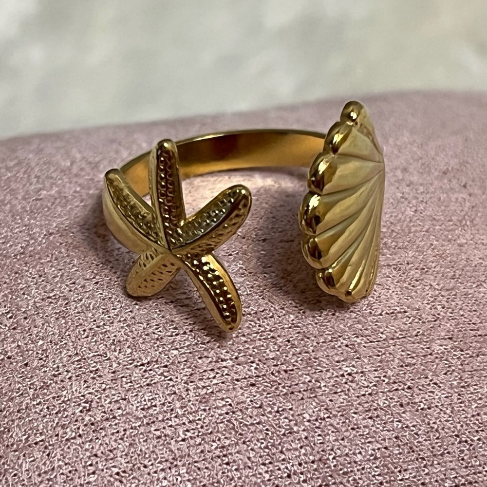 Starfish and SeaShell Stainless Steel gold plated Ring